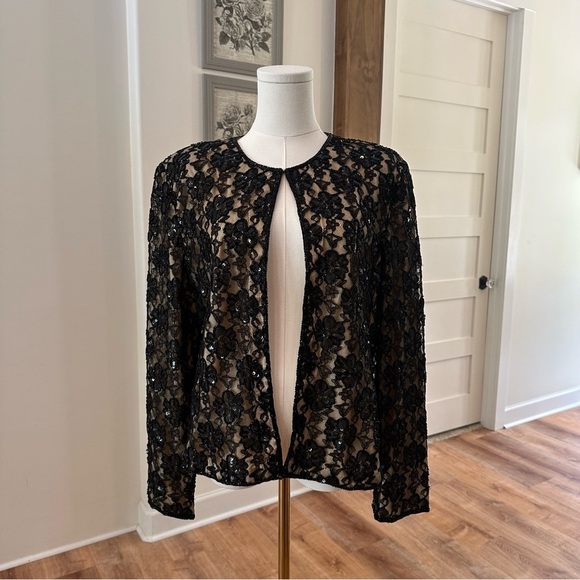 drapers & damons Jackets & Blazers - Women's 14 Black Beaded Lace Open Lined Cocktail Holiday Formal Party Jacket